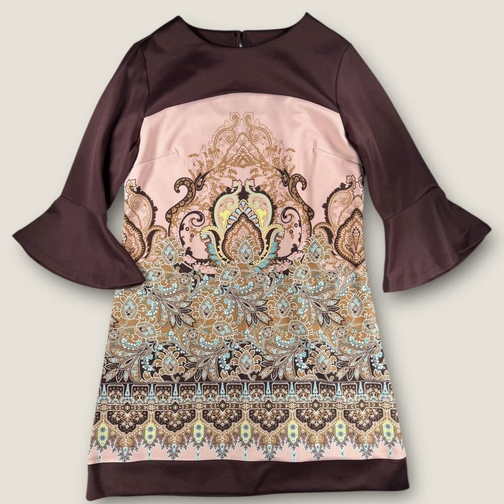 New York & Company Dress M Scarf Print Paisley Bell Sleeve Brown Shift Stretch‎